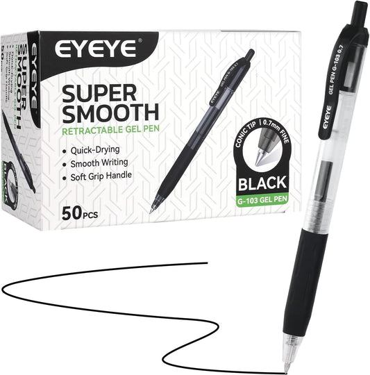 EYEYE G-103 Retractable Gel Pens Black 0.7mm, 50 Pack Medium Point Gel Ink Pens Quick Drying, 0.7 mm Fine Piont Ballpoint Pen Smooth Writing for Office School Supplies