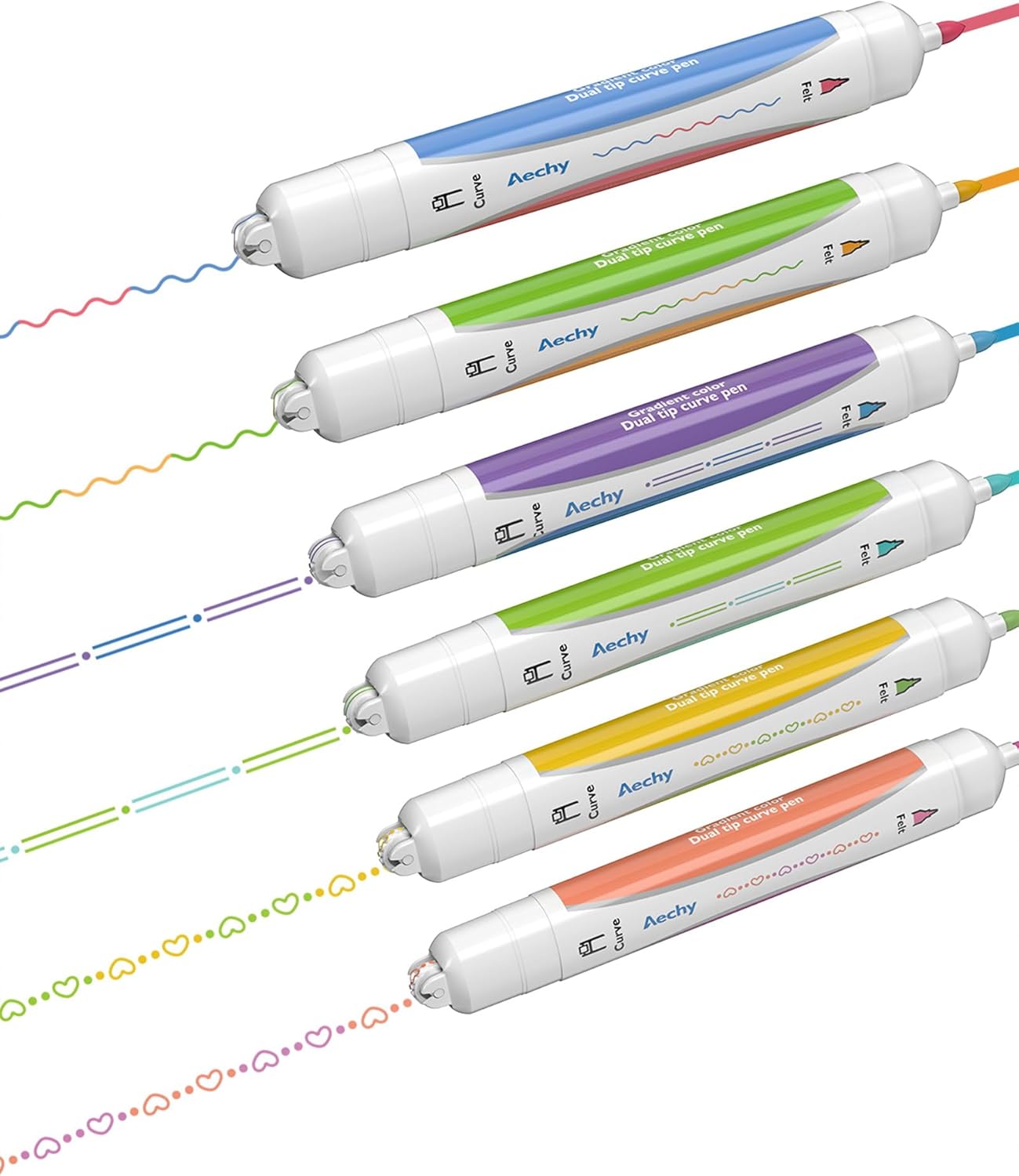 AECHY 6PCS Dual Color Highlighter Pens - 1 Stroke 2 Colors! Dual Tip Pens with 3 Curve Shapes & 6 Vibrant Colors for Note Taking, Underlining, Journaling, No Bleed Acid-Free Ink, for School,Office,Art