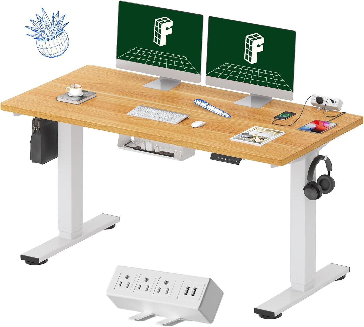 FLEXISPOT EN2 Whole-Piece Standing Desk with Clamp Power Strip, 55 x 28 Electric Stand Up Height Adjustable Desk with Cable Management (White Frame + 55" Maple Top, 2 Packages)
