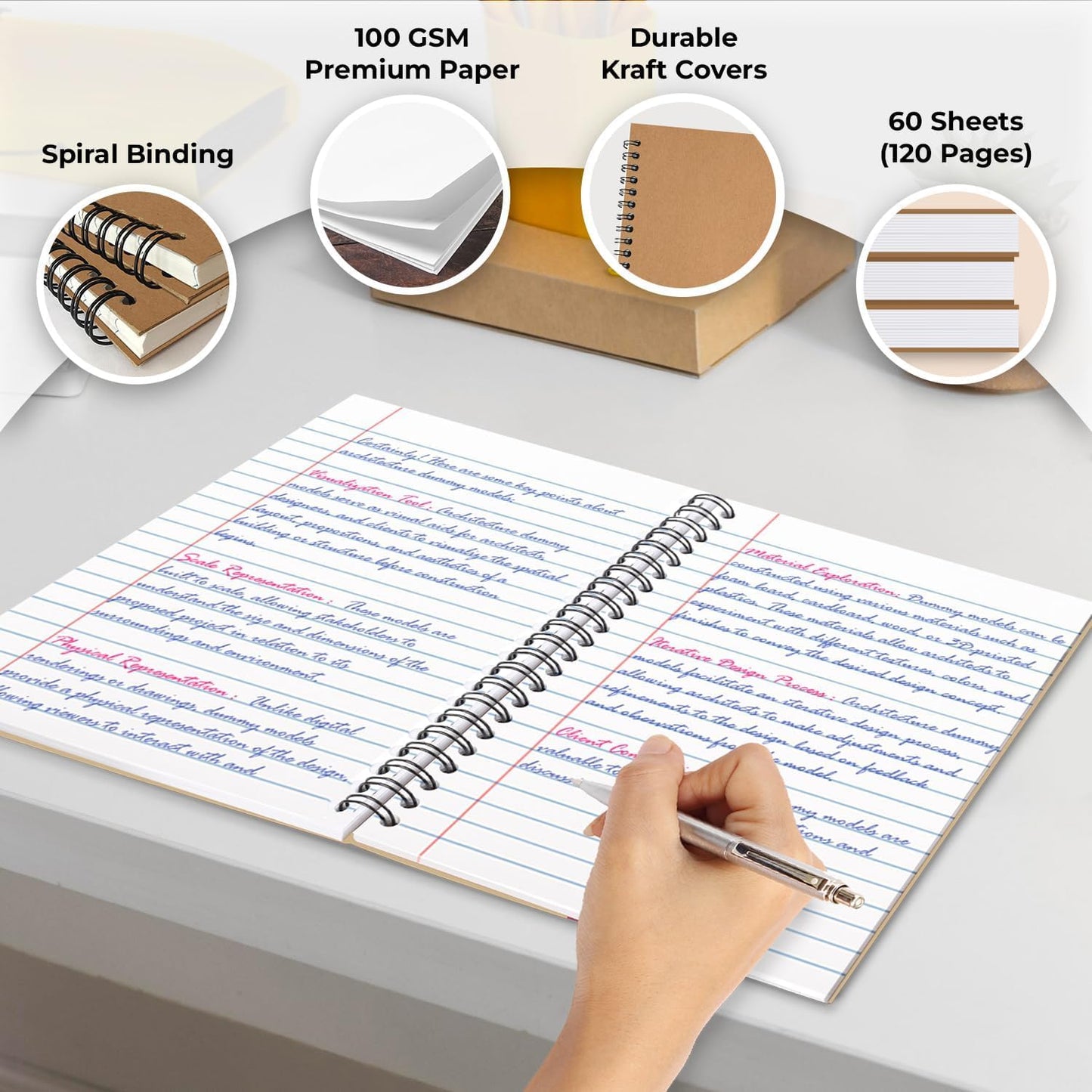 12 Pack Spiral Wide Ruled Journal Notebook, 5.8 x 8.3, 120 Pages (60 Sheets), 100 GSM, A5 Executive Kraft Hardcover Notebooks, Perfect for Work, Office, School, Travel, Business, Note Taking