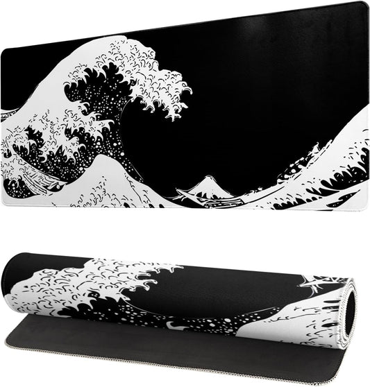 Japanese Sea Wave Large Mouse Pad, Abstract Black Gaming Mousepad, Extended Kanagawa Mat Desk Pad, 3mm Thick Long Non-Slip Rubber Base Mice Pad for Office and Home, 27.6x11.8 Inch