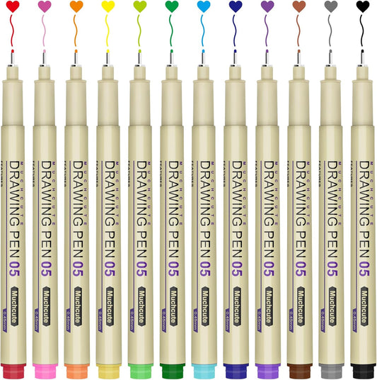 Muchcute 05 Micro Fineliner Drawing Art Pens: 12 Colors 0.45mm Extra Fine Point Bible No Bleed Smooth Journal Zentangle Study Supplies Colored Waterproof Line Ultra Needle Tip Fine liner Thin Gel Felt