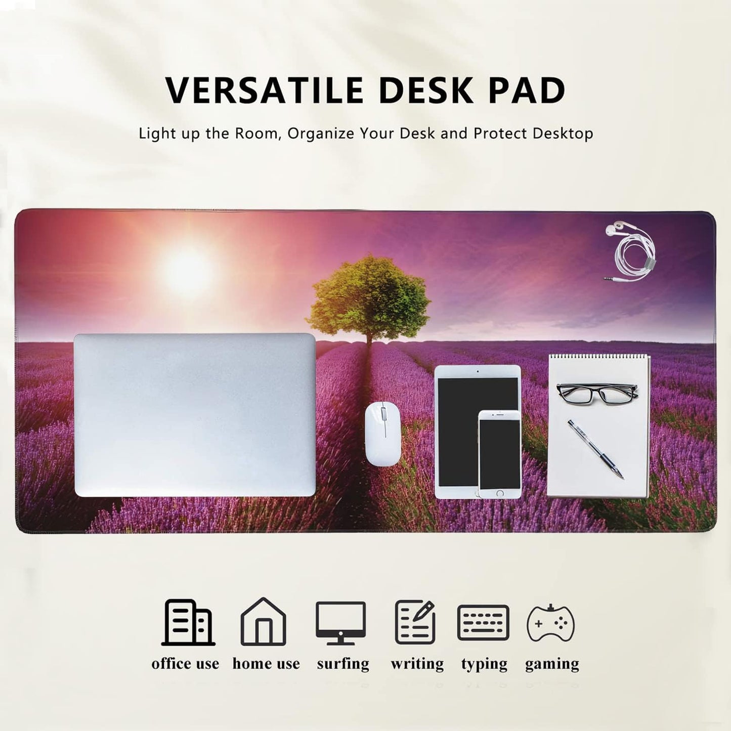 Stunning Lavender Field Landscape Extended Gaming Mouse Pad Large Desk Mat with Non-Slip Rubber Base and Stitched Edges,Keyboard Mouse Mat Desk Pad for Work,Game,Office,Home 35.4 * 15.7 Inch
