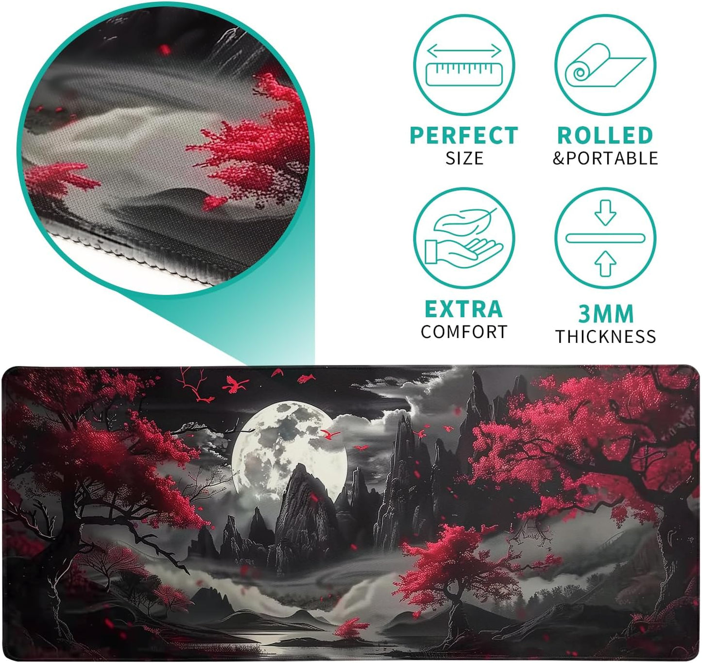Mousepad 31.5 x 11.8 inches, Large Gaming Mouse Mat with Non-Slip Base, Extended Anime Mouse pad, Full Keyboard Mat with Stitched Edges for Gaming and Office (Red Moon)