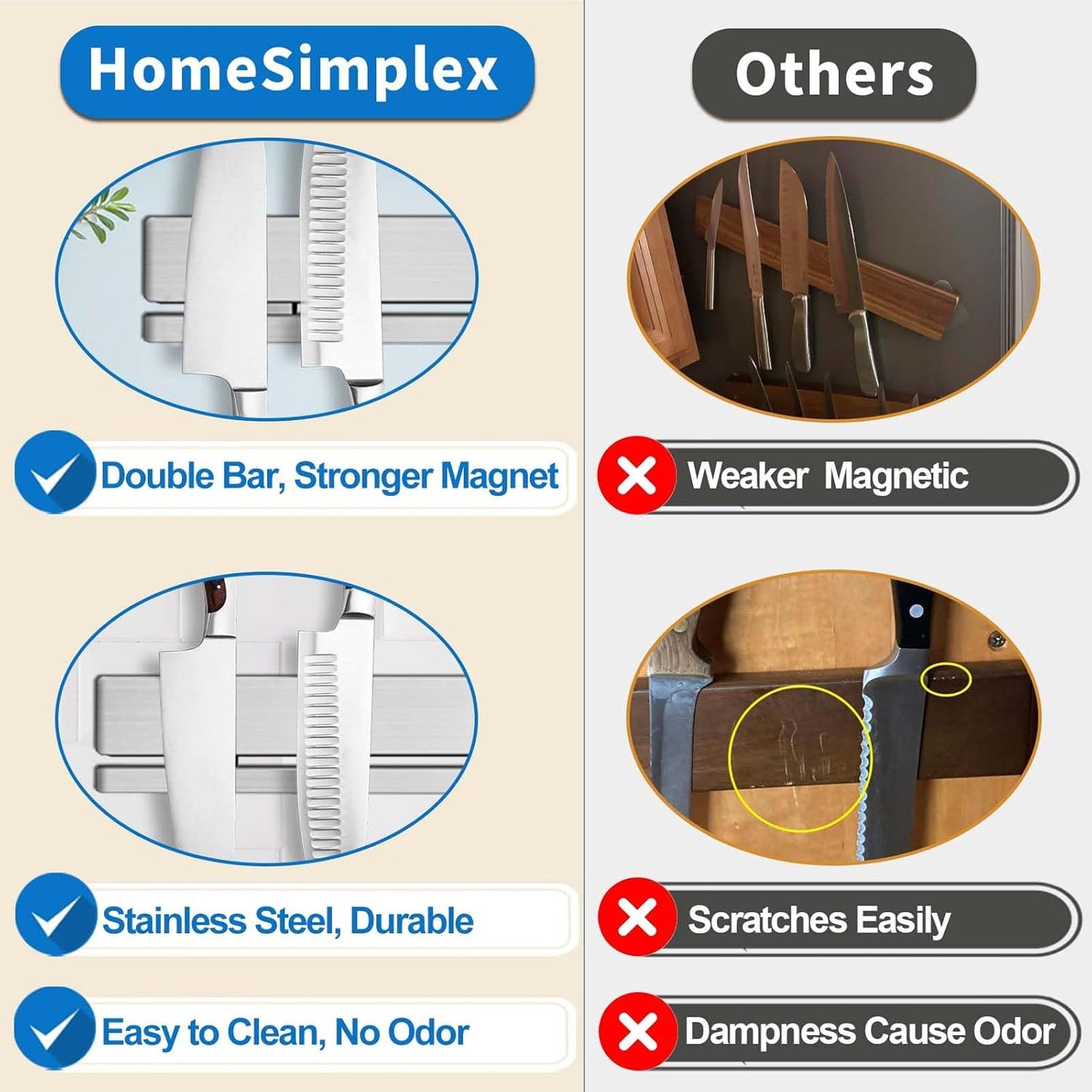 12 Inch Magnetic Knife Holder for Wall with 6 Hooks No Drill-Double Magnetic Bar Strong Adhesive Knife Magnetic Strip-Kitchen Utensil Hanger-304 Stainless Steel Magnetic Kitchen Knife Rack