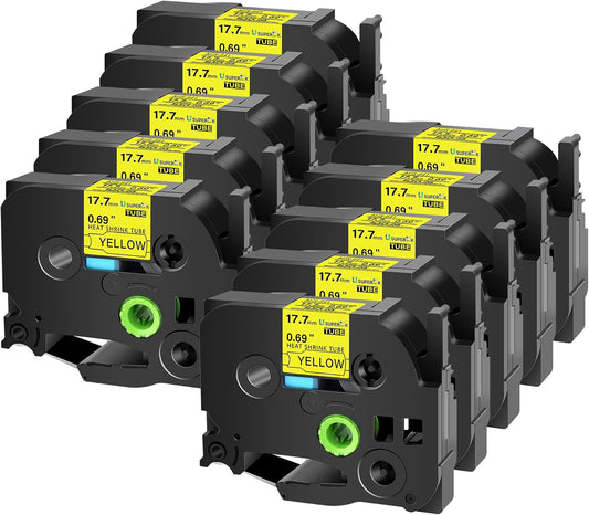 10PK Compatible for Ptouch HSe-641 HSe641 HS-641 HS641 Black on Yellow 17.7mm 0.69'' Heat Shrink Tubing for Wire Cable for PT9200dx PT9400 PT9500pc PT9600 Label Maker Tape