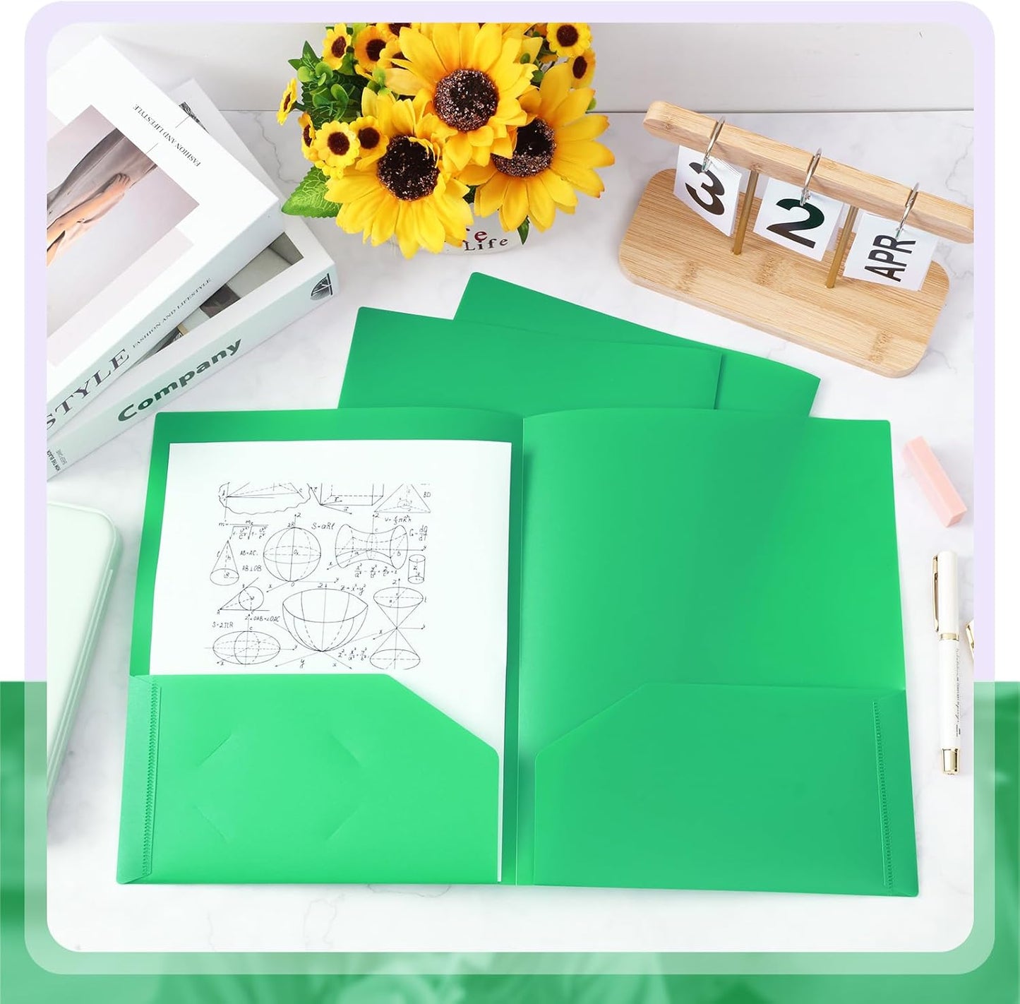 Gueevin 50 Pcs Plastic Folders with Pockets, Back to School Two Pocket Folder Fit Letter Size, Heavy Duty School Business Card Holder for Home Office, 11. 61 x 9. 45 Inches (Green)