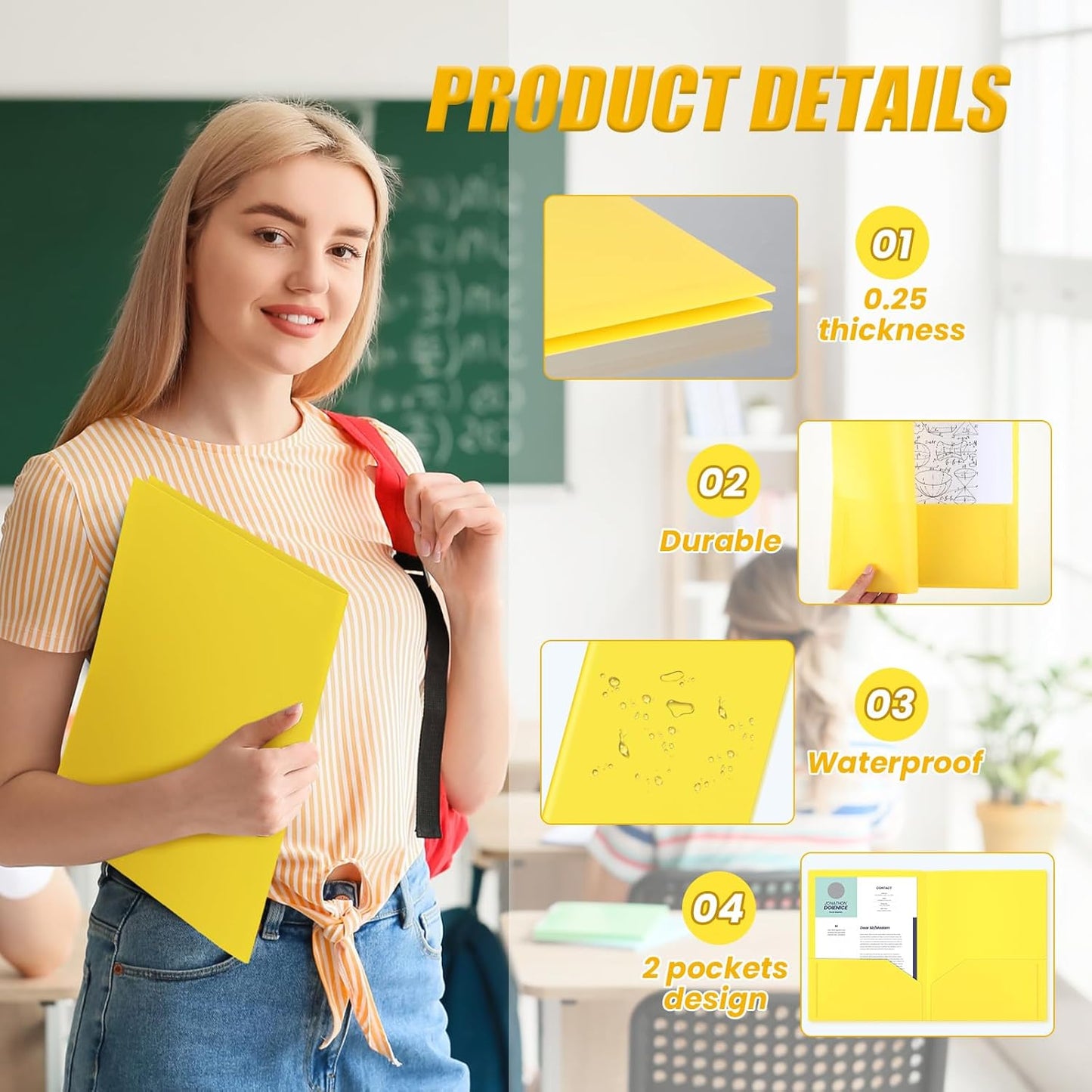 Gueevin 150 Pcs Plastic Folders with Pockets, Two Pocket Folder Fit 8.5 x 11 Inch Letter Size Paper, Heavy Duty School Folders Business Card Holder for Home Office School Bussiness (Yellow)