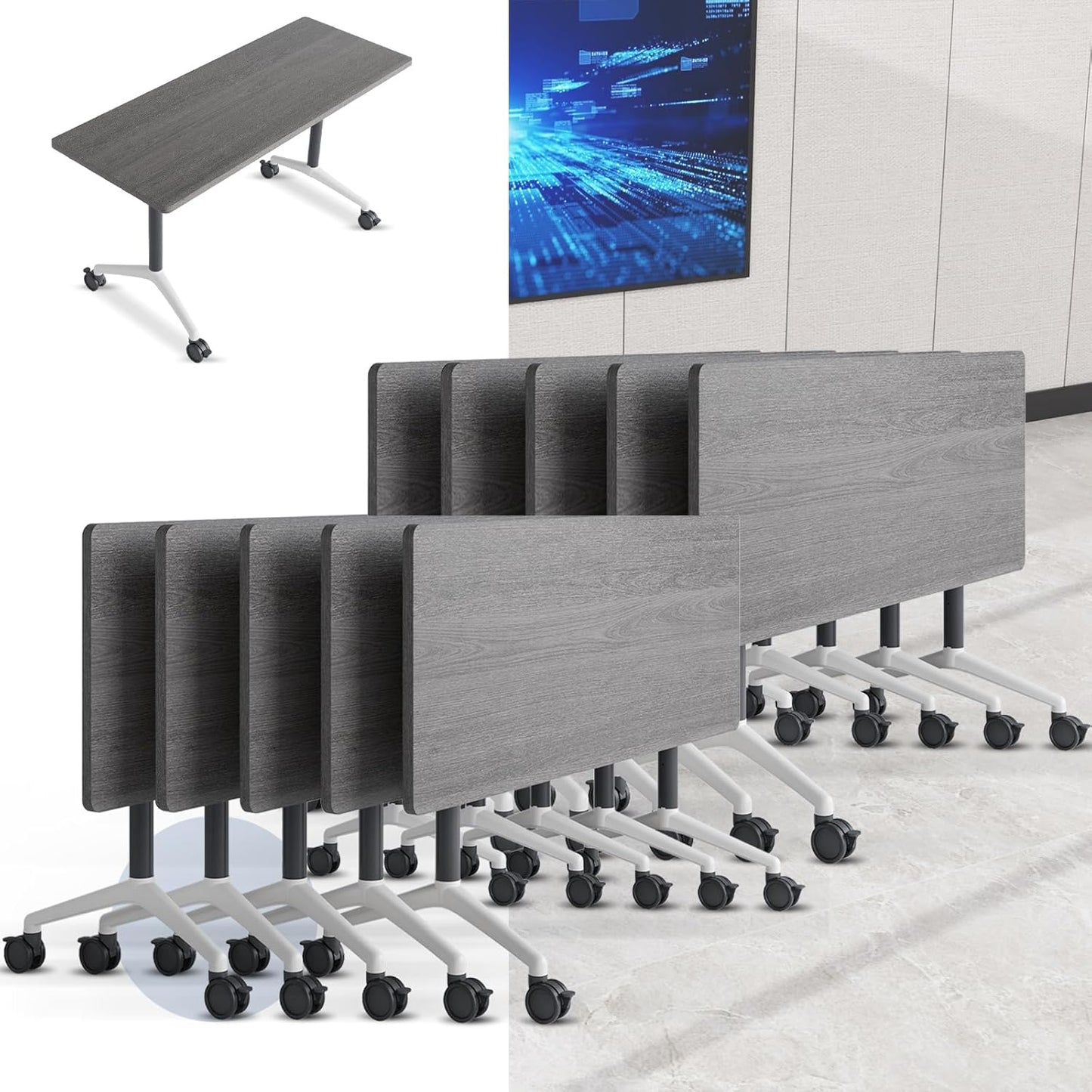 Folding Conference Table, Mobile Training Table for Office Conference, Modern Modular Rectangular Work Desk Meeting Seminar Work Tables with Caster Wheels, Large Breakroom Tables (10Pack L63in)