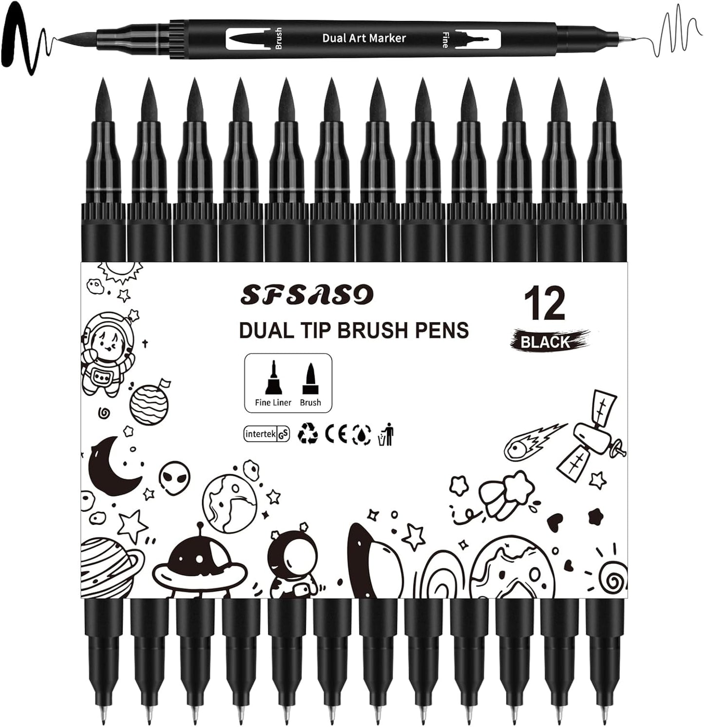 Black Drawing Pens, 12 Pack Dual Tip Brush Pens - Fine Liner & Brush Markers for Sketching, Calligraphy, Journaling - Water-Based, Quick-Drying Ink - Ideal for Artists, Adults & Kids