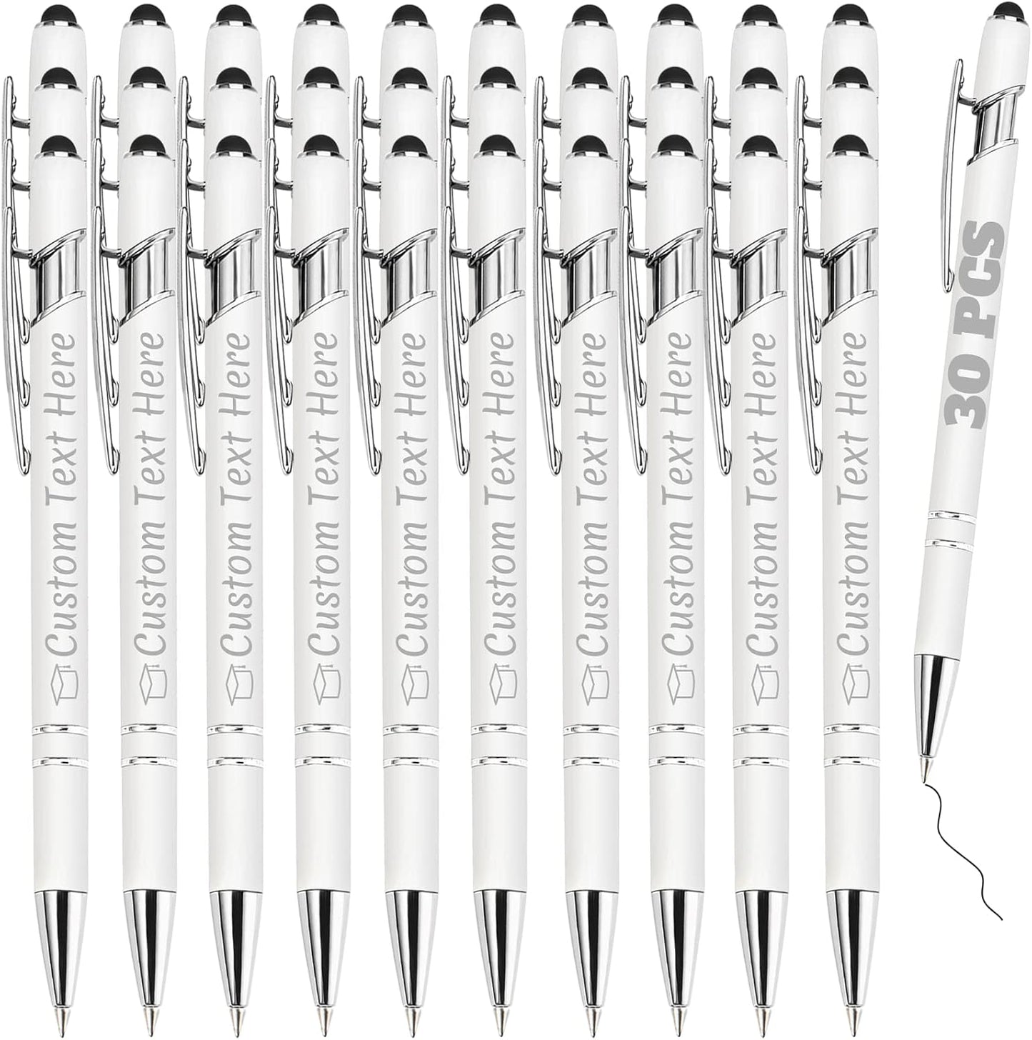 Personalized Pens Bulk 30 with Name Custom Engraving Ballpoint Pens with Stylus Tip Customized Smooth Writing Pens Personalized Gifts for Anniversary Birthday or Graduation(White,Black Ink)
