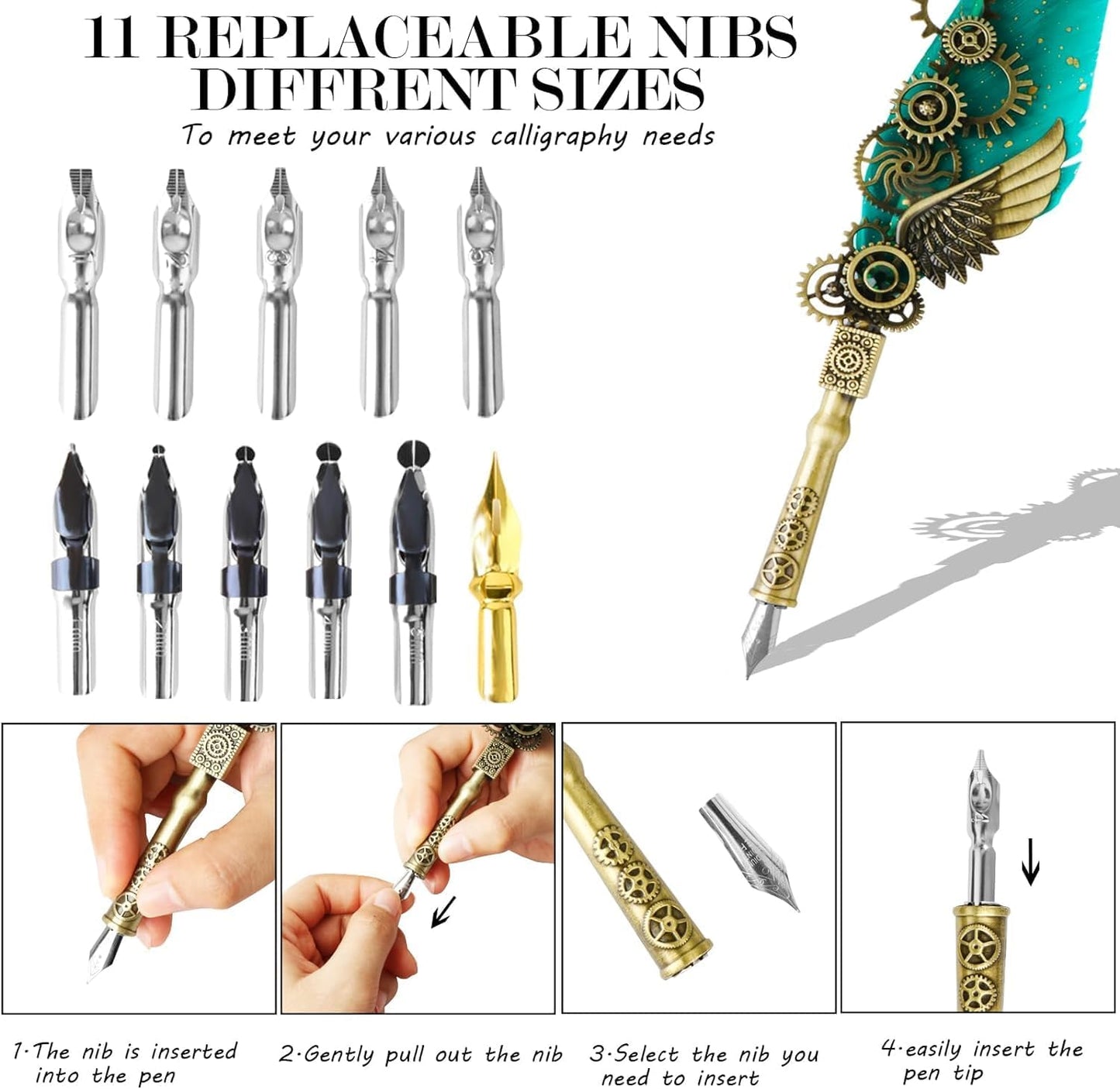 Feather Quill Pen ink Set,Calligraphy Pen Set,Include Quill Pen,Wood Dip Pen,8 Bottles Of Ink,13 Stainless Steel Nibs Of Different Sizes,Pen Holder,Envelope Paper