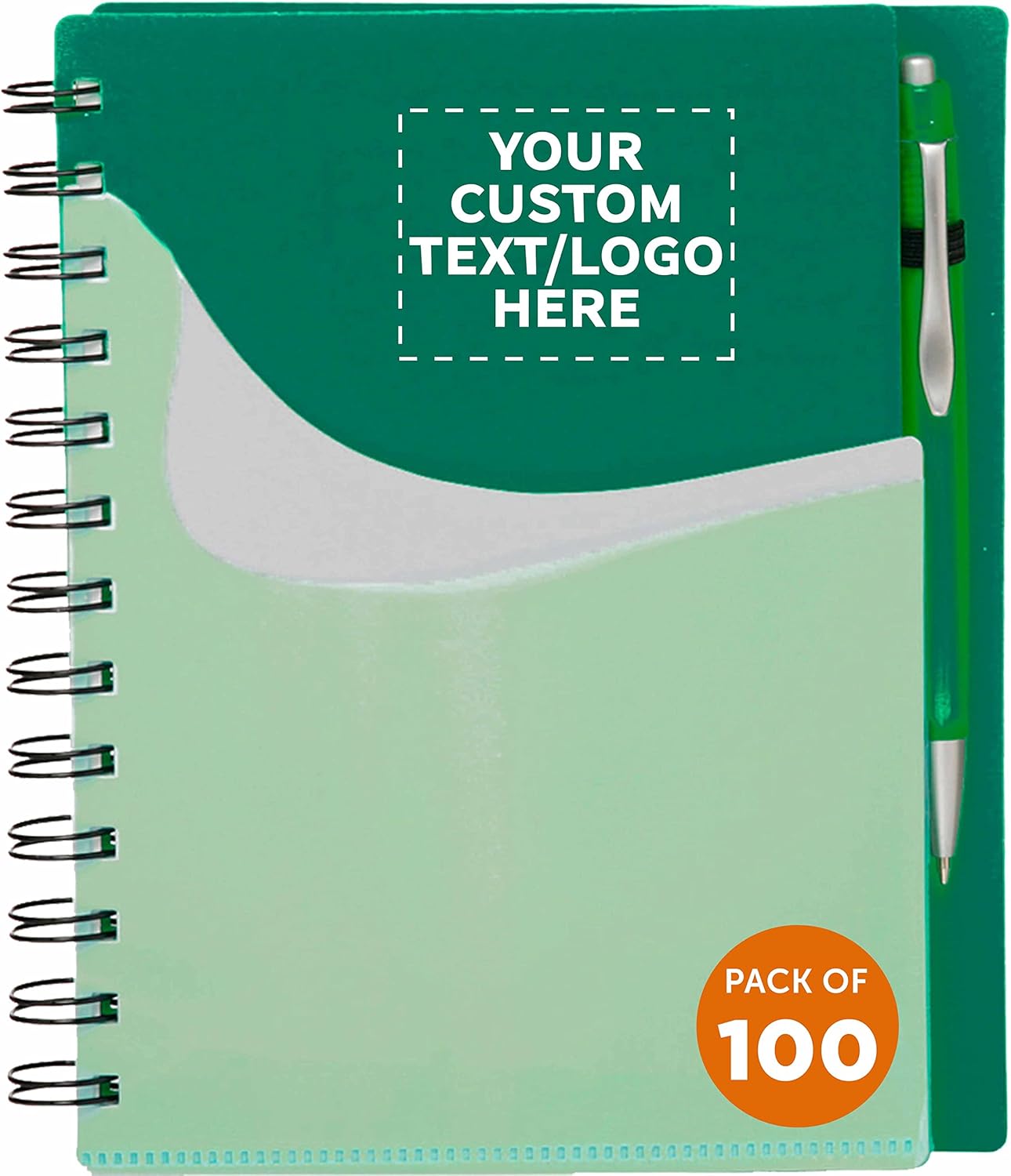 DISCOUNT PROMOS Custom Spiral Notebooks with Front Pocket Set of 100, Personalized Bulk Pack - Durable Plastic Cover, Includes Matching Pen in Blank Ink, Perfect for School, Office, Home - Green
