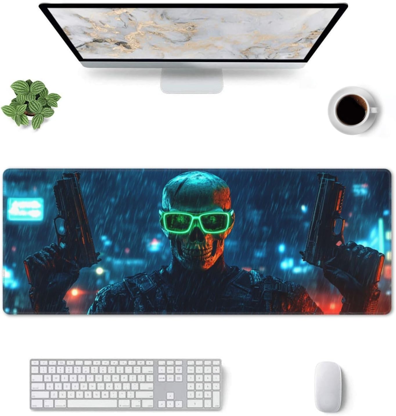 Rain Skull Mouse Pad 31.5 X 11.8 Inch Big Desk Rubber Base Stitched Edges Keyboard Pad XXL Mouse Mat for Home Game and Office