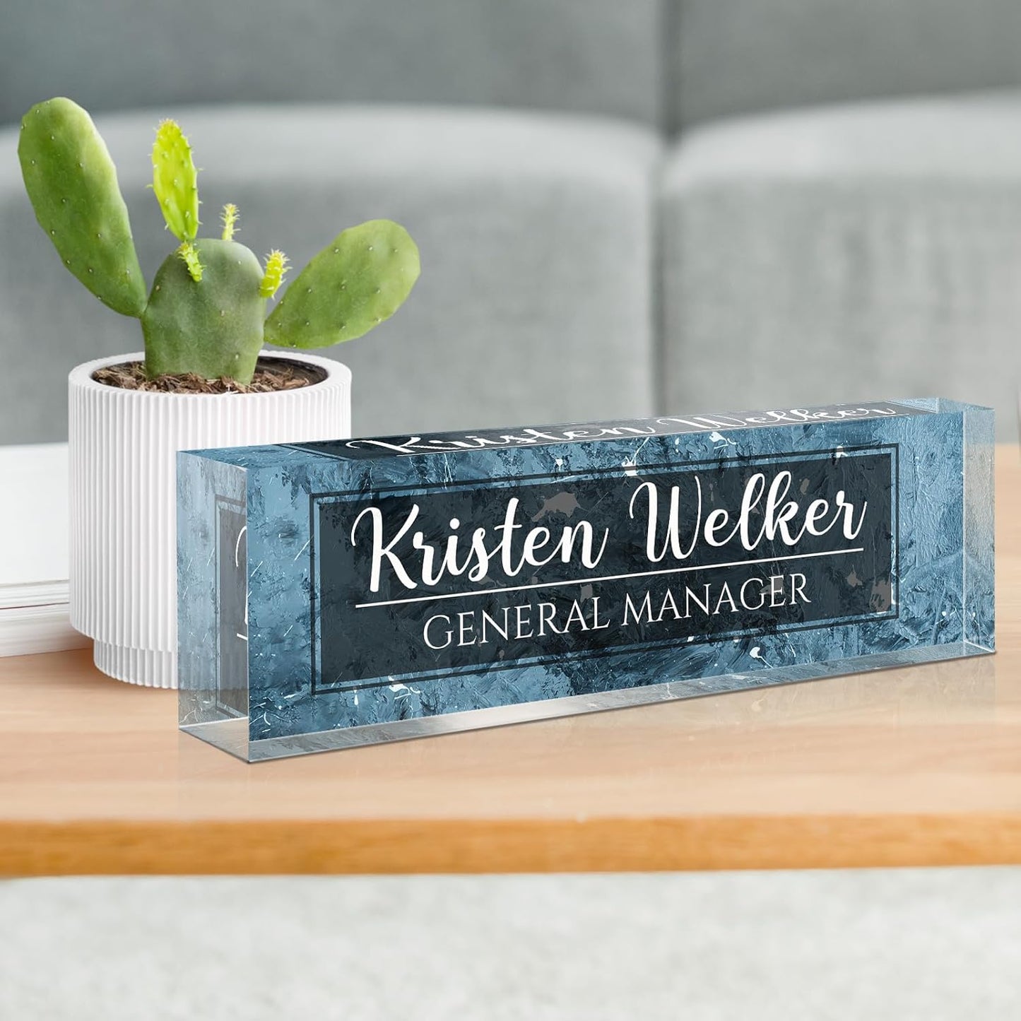 Gowellly Desk Name Plate Personalized - Custom Acrylic Name Plate for Desk - Enterprise Custom Logo/Text nameplates - Employee Appreciation Gifts (ice Blue)