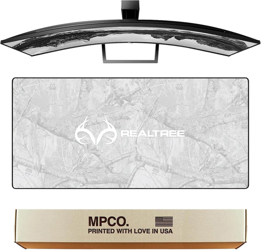 MPCO. Real Tree Large Gaming Desk Pad - 36" x 17" Duraglyde Fabric Edge Snow White – with Logo Desk Mats - Non-Slip, Washable, Smooth Glide for Precision Gaming & Work