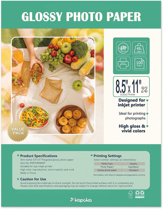 Glossy Photo Paper 8.5x11 48lb, 100 Pack, US Letter Size, for Inkjet Printer, 180 gsm