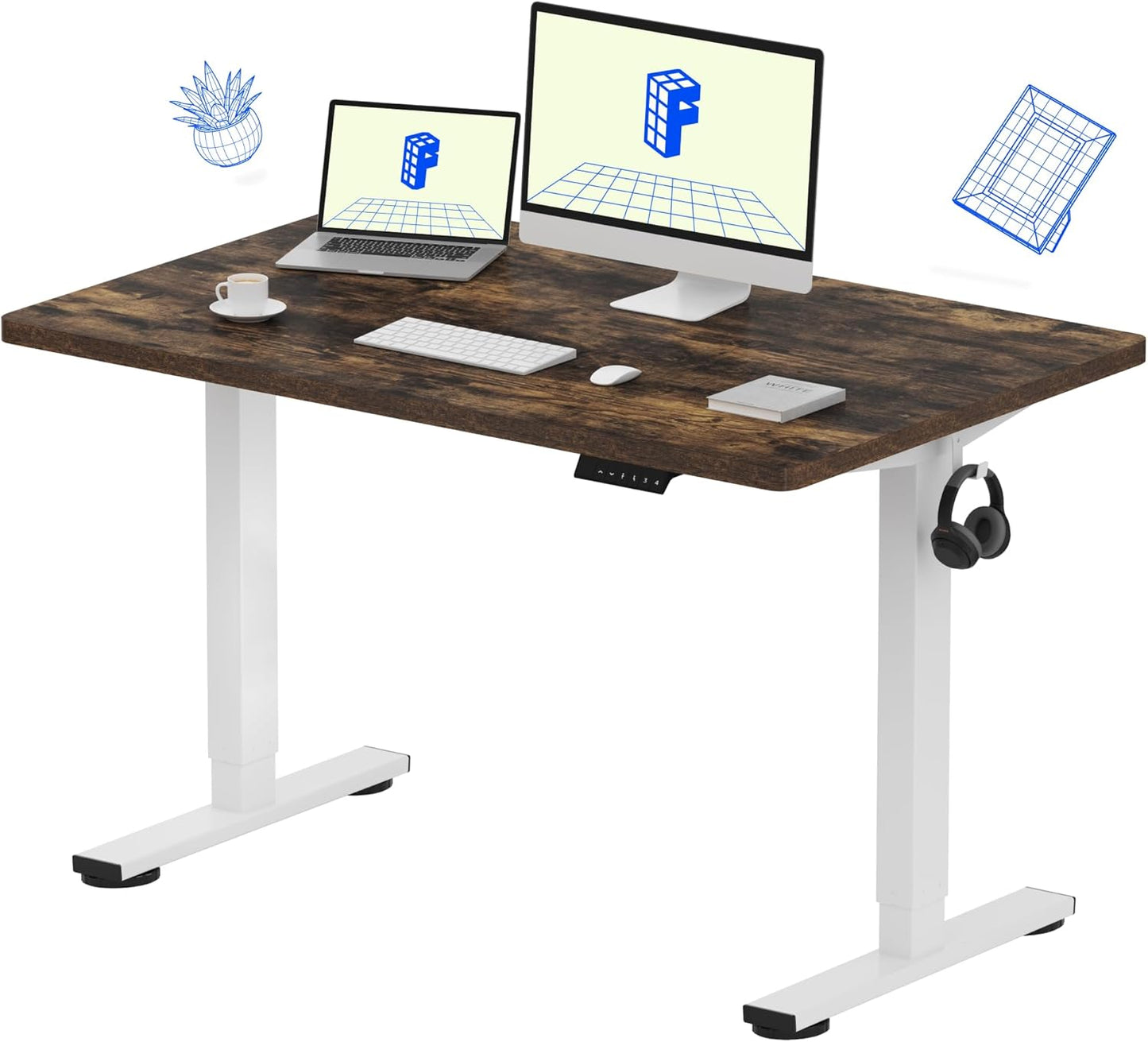FLEXISPOT EN1 One Piece Standing Desk, 48" x 30" Electric Height Adjustable Sit Stand Desk for Home Office (White Frame + 48" Rustic Top, 2 Packages)