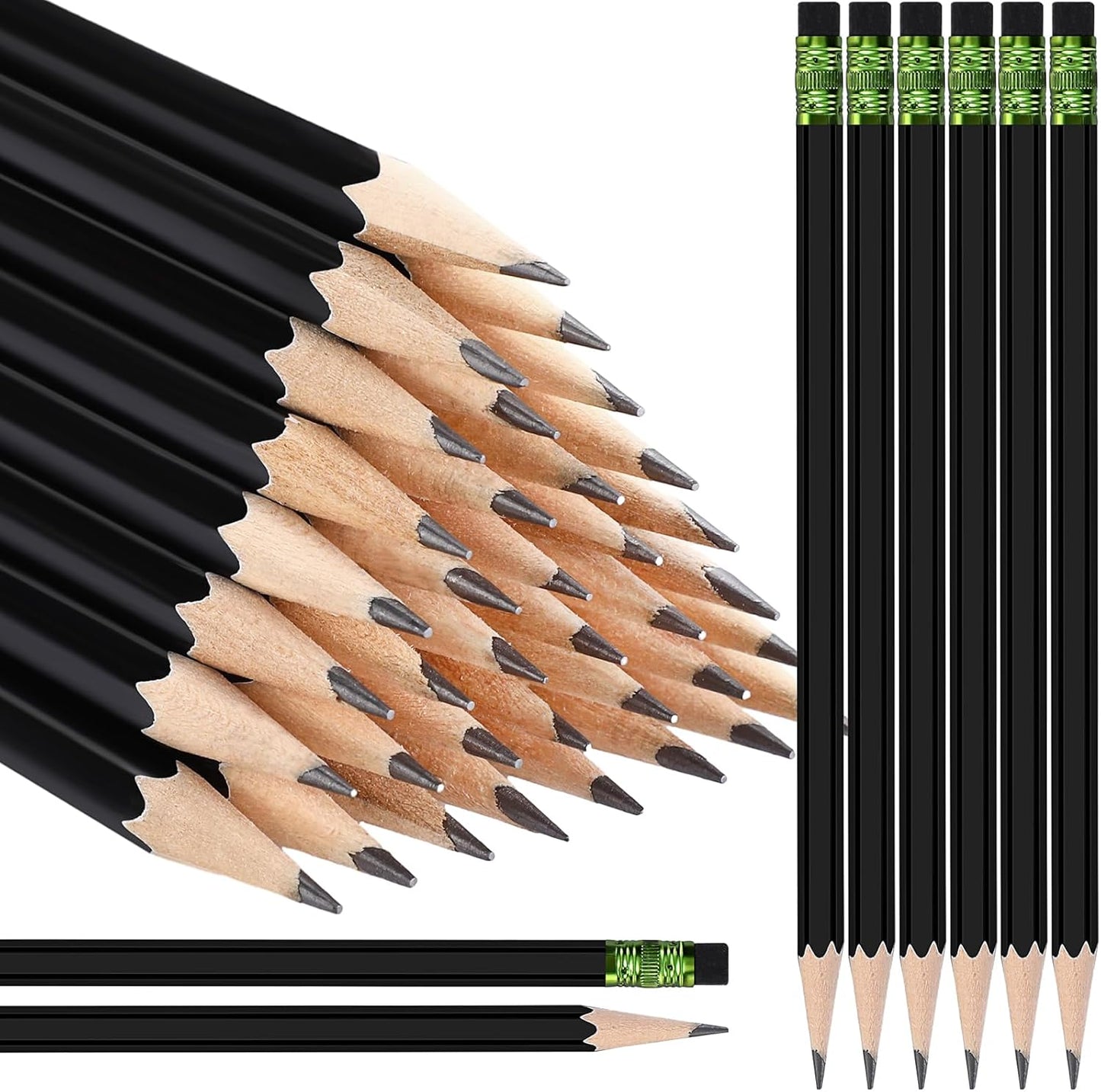 TecUnite 60 Pcs HB Pencils #2 Unsharpened Wood Cased Pencils with Eraser Hexagonal Pencil Cute Graphite No 2 Pen for Adults Gifts Exam School Office Sketching Learning(Black, Green)