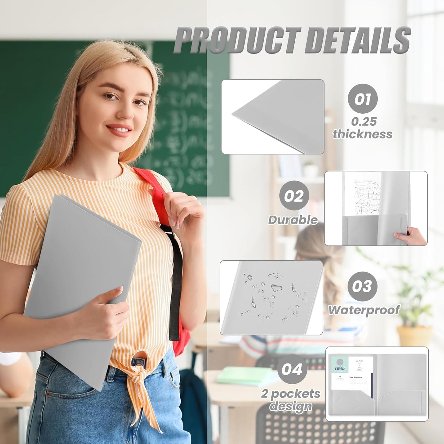 Gueevin 24 Pcs Plastic Folders with Pockets, Back to School Two Pocket Folder Fit Letter Size, Heavy Duty School Business Card Holder for Home Office, 11. 61 x 9. 45 Inches (Gray)