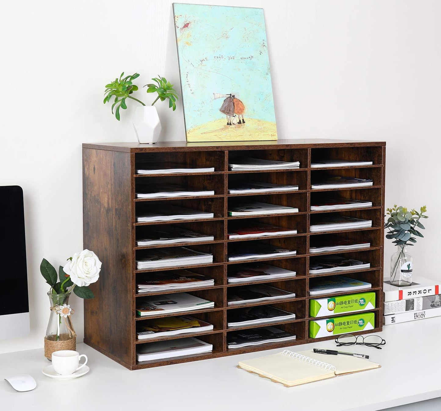 EasyPAG Mail Organizer Countertop, Wood Literature Organizer with Adjustable Shelves, Student Classroom Mailbox for School, Desktop Paper Sorter for Office Home, 27 Compartments, Archaize