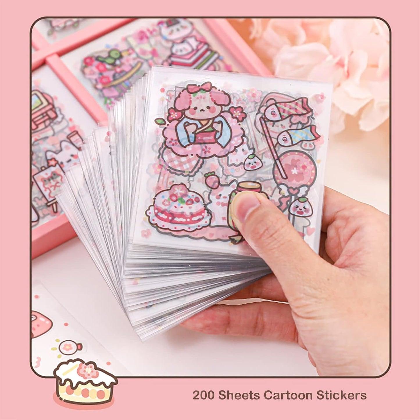 Doraking Vinyl Transparent Flower Stickers - Kawaii Cute Stickers for Journaling & Scrapbooking - 200 Sheets - Kids, Teens & Adults