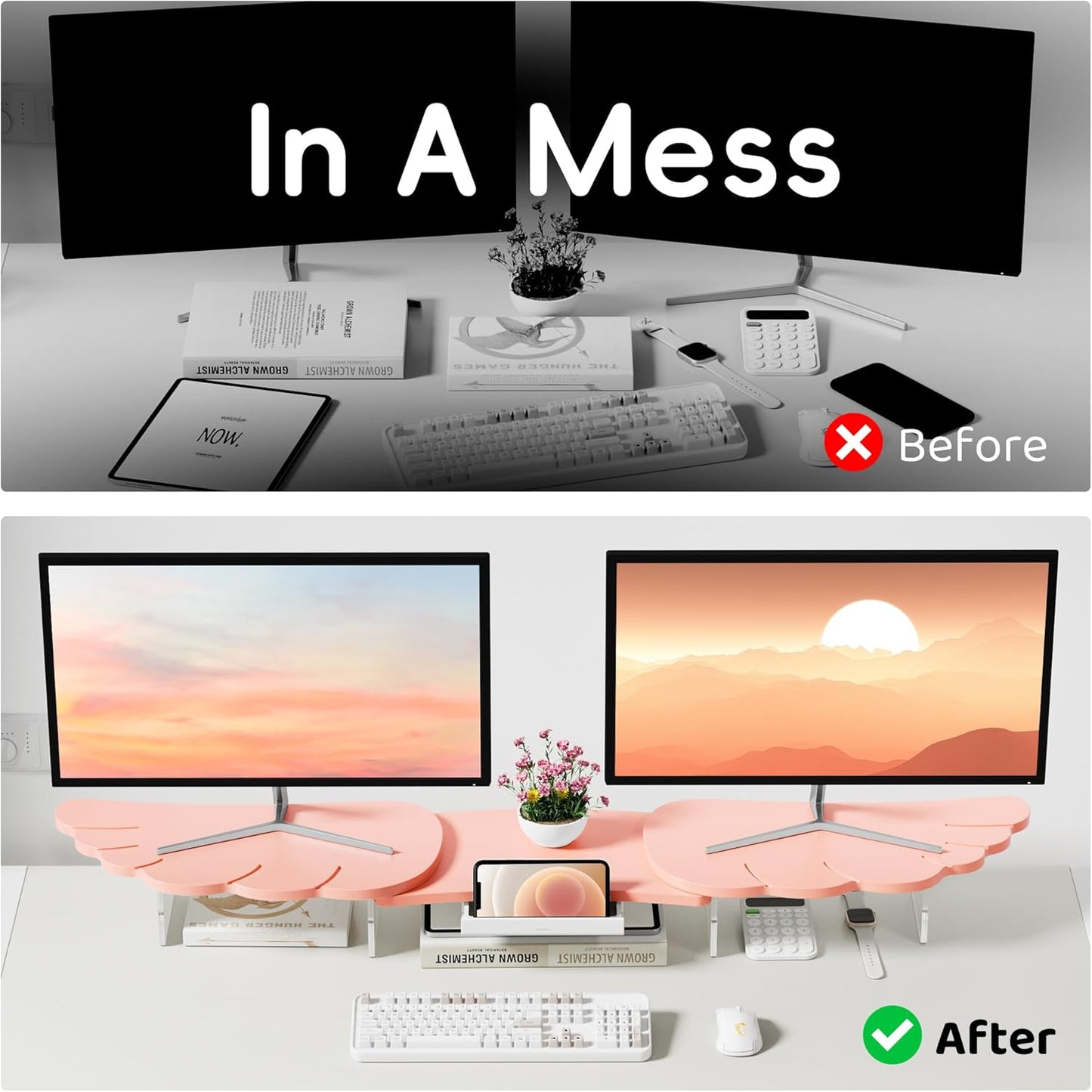 Dual Monitor Stand Riser,Wing-Shaped Sturdy Desktop Computer Wood Stand for 2 Monitors Cute Monitor Riser for Laptop, PC, Computer,Pink