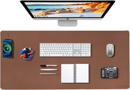 Desk Mat Wireless Charging Mouse Pad Large 32x16 Journey Desk Pad Mat with Wireless Charger Waterproof Leather Computer Mat with Phone Charger Mousepad Non-Slip for Keyboard and Mouse
