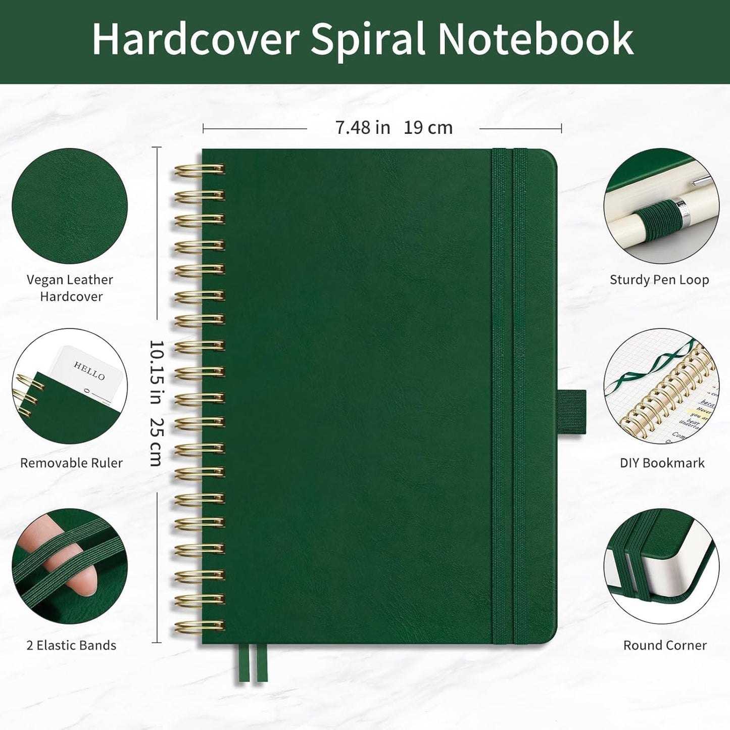 EMSHOI Spiral Graph Paper Notebook - 300 Pages, 100 GSM Thick Grid Notebook, B5 Large Hardcover Leather Journal for Women Men Work School Writing Engineering Graphing, 7.48" x 10.15", Dark Green