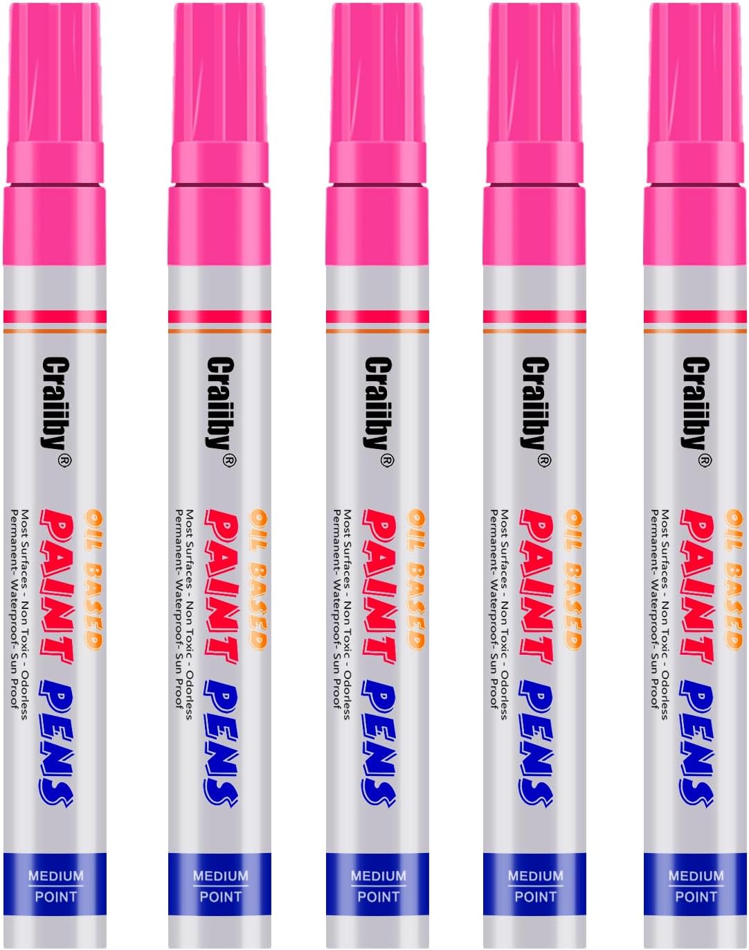Pink Paint Markers, 5 Pack Oil-Based Waterproof Quick Dry Permanent Paint Pen Set for Rocks Painting, Wood, Fabric, Plastic, Canvas, Glass, Mugs, Metal, Tire, Stone, DIY Craft