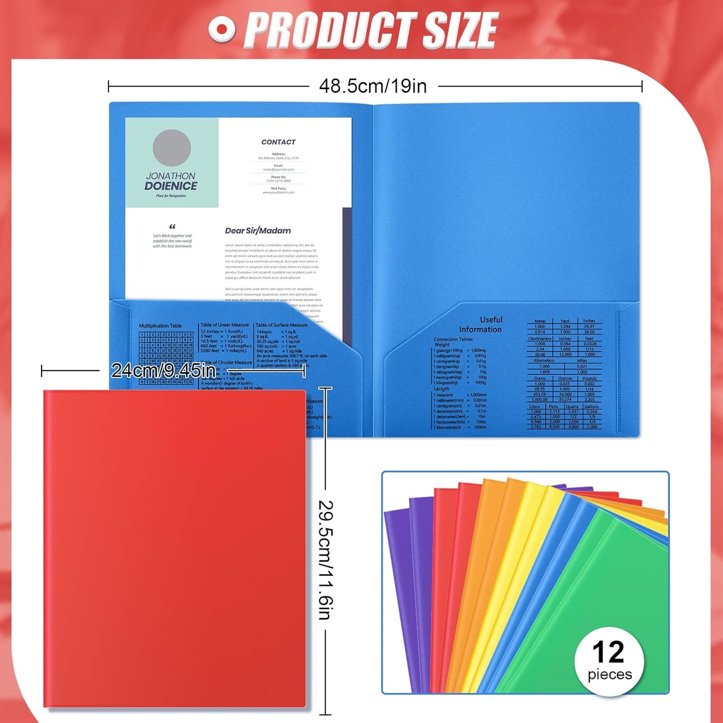 Gueevin 12 Pcs Plastic Folders with Pockets, Back to School Two Pocket Folder Fit Letter Size, Heavy Duty School Business Card Holder for Home Office, 11. 61 x 9. 45 Inches (Colorful)