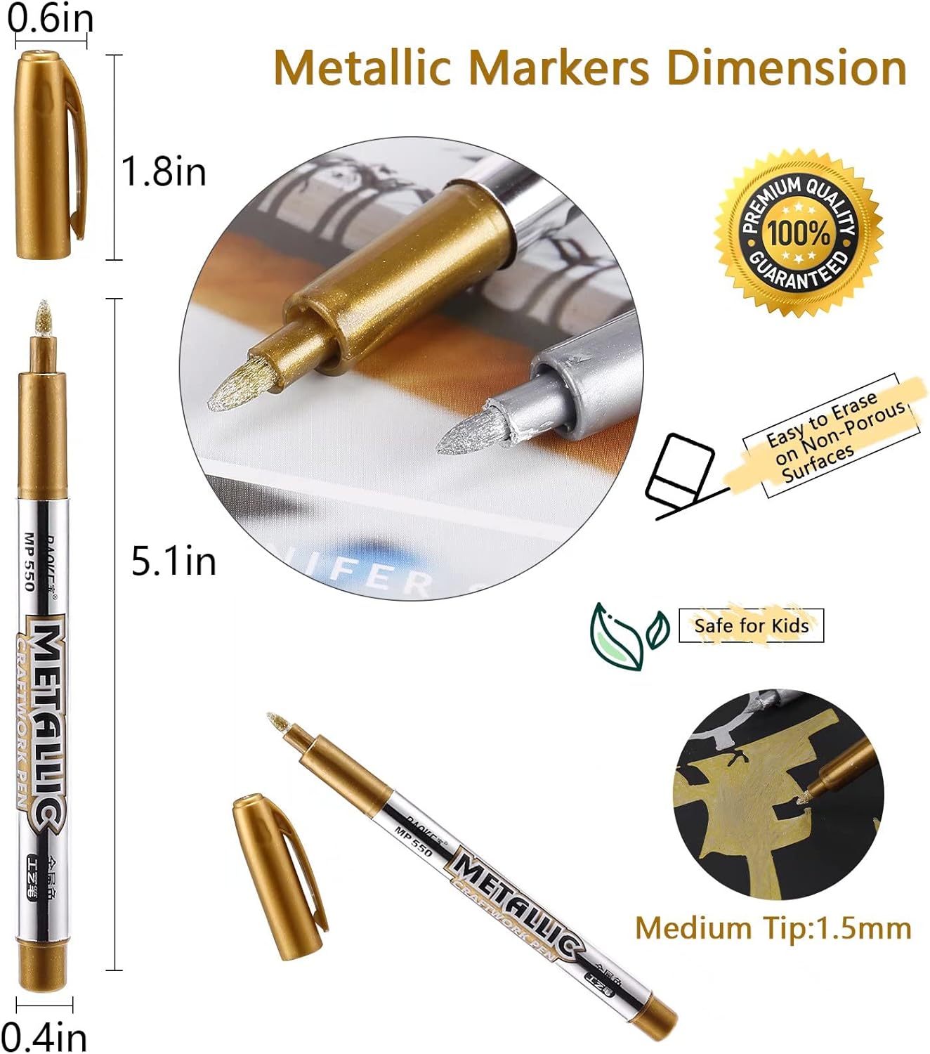 LOONENG Gold Marker Metallic, Fine Point Gold Markers Permanent Metallic for Adult Coloring, Black Paper, Scrapbook, Artist Illustration, Crafts, Gift Card Making, Fabric, DIY Photo Album, 8 Count