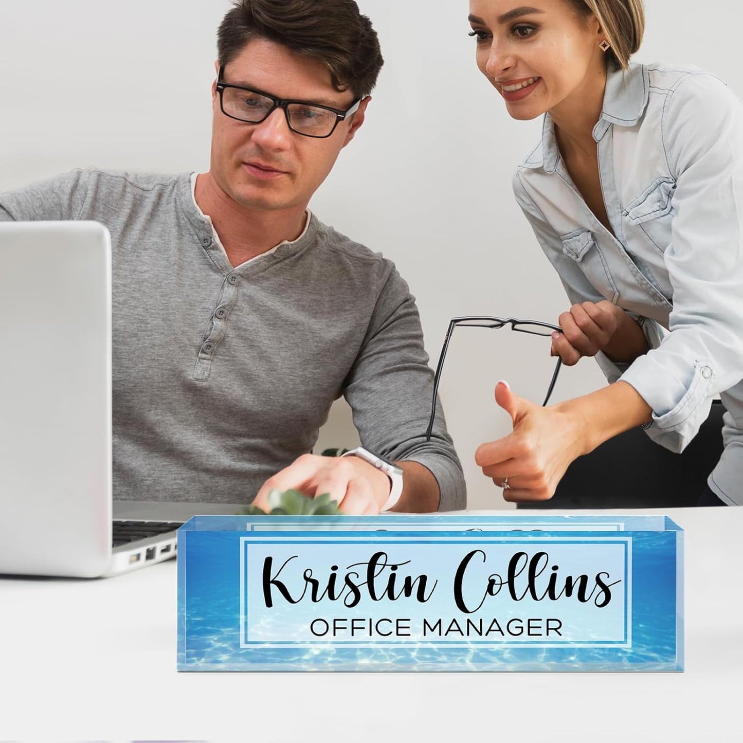 Custom Name Plate for Desk, Acrylic Office Decor For Women Men, Personalized Office Desk Accessories, Teacher Employee Appreciation Gifts For Social Worker Boss Coworkers (Sea)