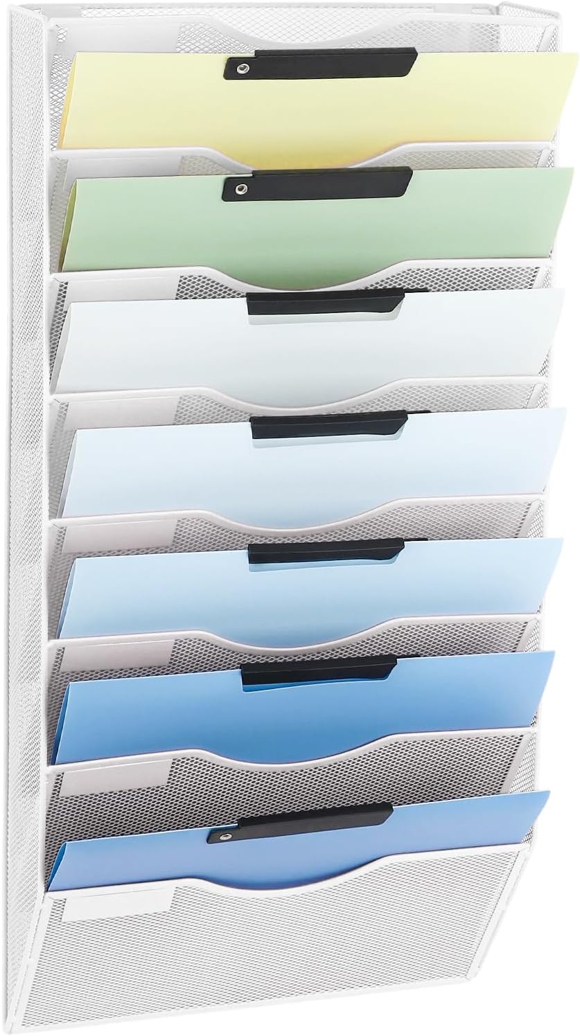 EASEPRES 8 Pocket Mesh Hanging Wall File Organizer, Wall Mounted Mail Paper Document Folder Holder, Clipboard Storage Organization Magazine Rack with Nametag Label for Office Home School, White