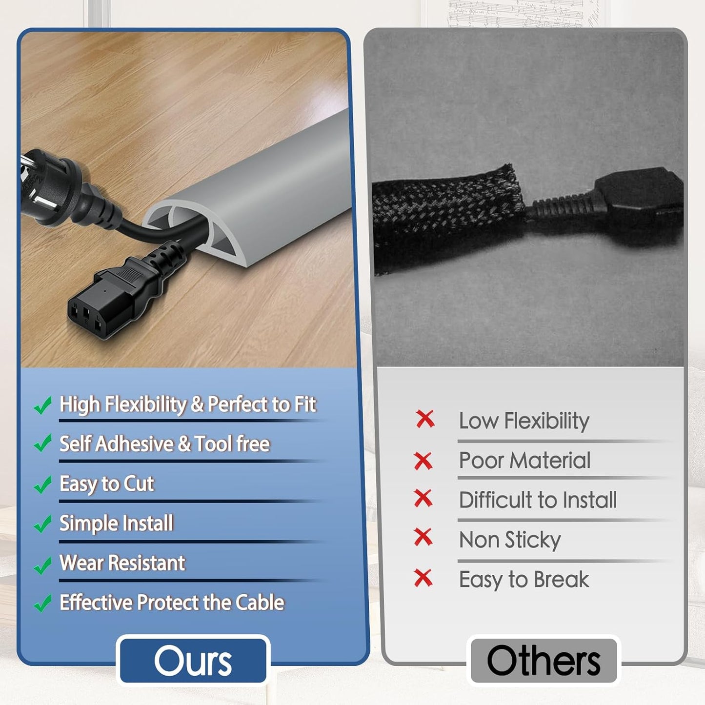 Floor Cord Cover for Wires on Floor Self Adhesive Cord Hider Floor Cable Management Wire Covers for Cords Protector Prevent Cable Trips Cord Cavity W 0.59" x H 0.31", Gray, 3.3Ft