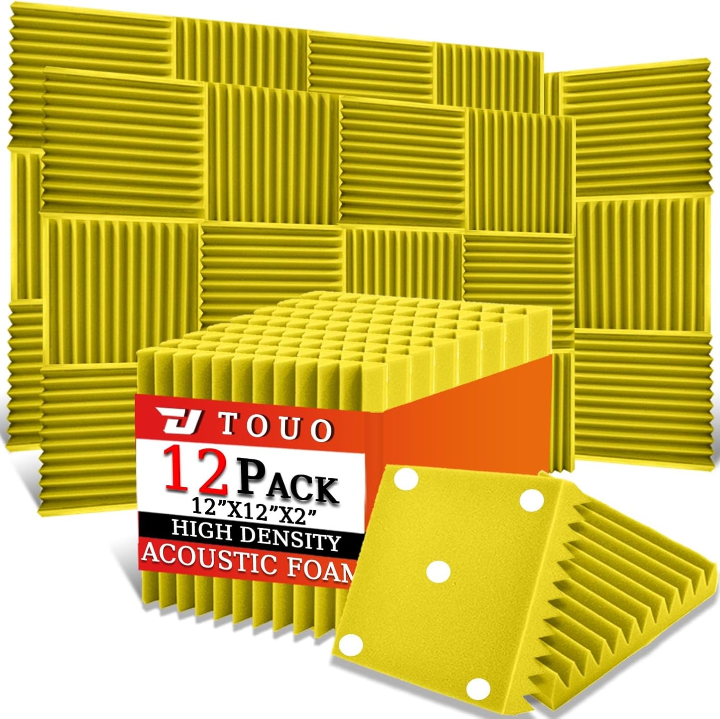 12 Pack Acoustic Panels – Sound Proof Foam Panels for Wall 12"x12"x2", Flame Retardant Wedge Acoustic Foam, High-Density Sound Absorbing Panels for Home Studio(Yellow, 2" Thick 12 Pack)