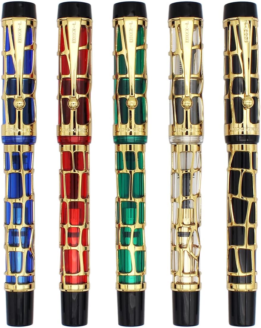 Gullor Century 100 Fountain Pen, Skeleton Hollow-out Series Golden, Screw-Cap, Fine Nib, Transparent Blue