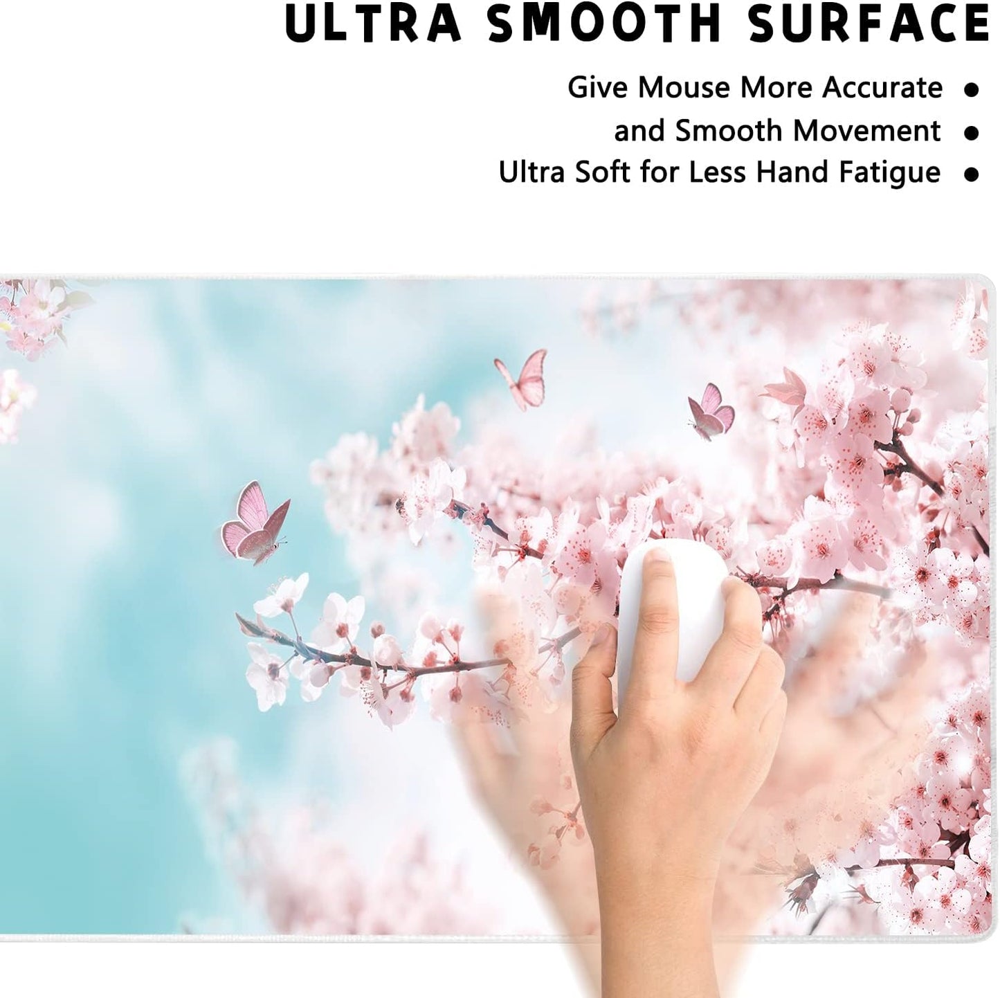 Extended Large Gaming Mouse Pad Dreamy Romantic Pink Sakura Butterflies XXL Size Keyboard Mouse Mat Desk Pad with Non Slip Rubber Base Stitched Edges Office Decor for Women Girls Men,35.4 x 15.7inch