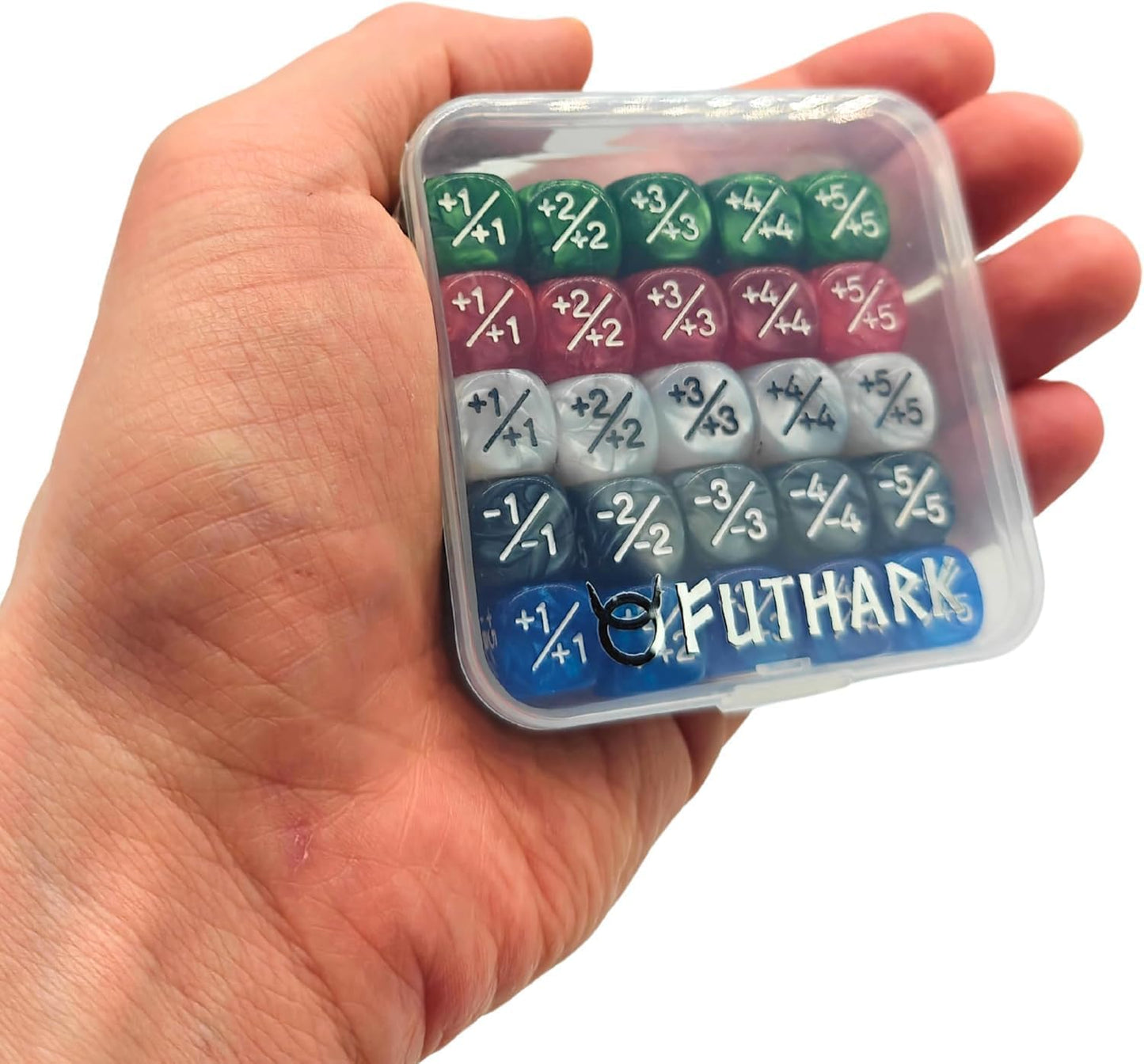 Futhark MTG Counter Dice Set - 25 Compact Multicolored Acrylic Dice with Plus/Minus Counters - Easy to Carry & Easy to Read - Accessories for Magic: The Gathering