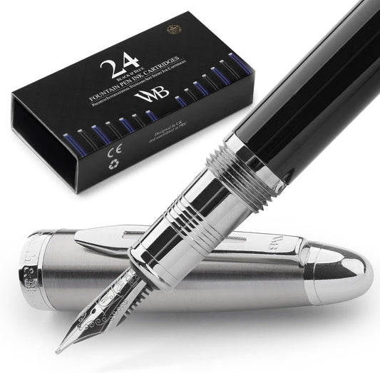 Wordsworth & Black Majesti Fountain Pen-(Black Chrome), Luxury Case, Stainless Steel; Medium Nib- Ink Cartridges, Refillable Ink Converter-Calligraphy Pen-Best Business Gift Set for Men & Women