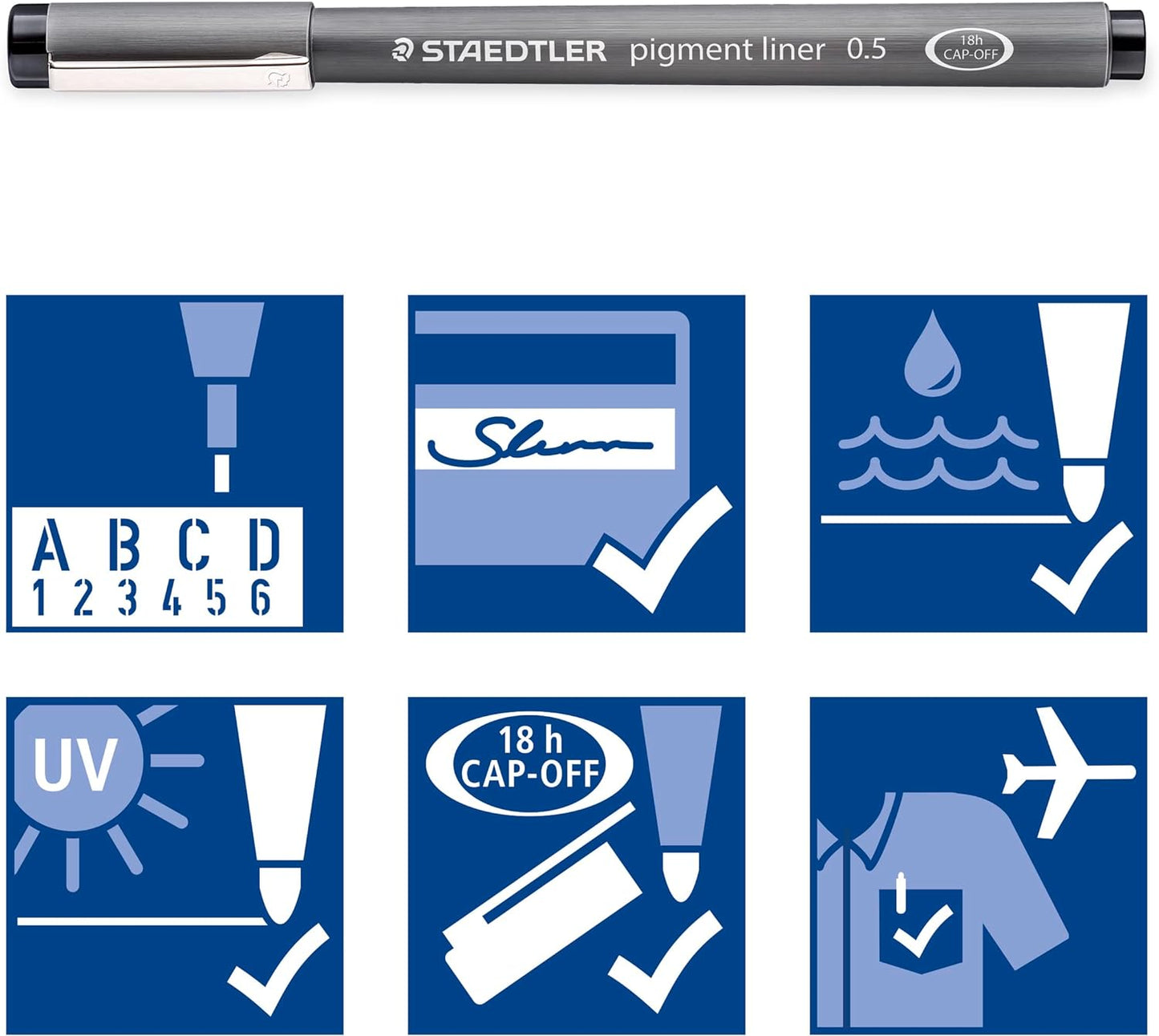 STAEDTLER Pigment Liner Pack, Black, 6 Pens, Assorted Line Widths, 0.05mm, 0.1mm, 0.2mm, 0.3mm, 0.5mm, 0.8mm