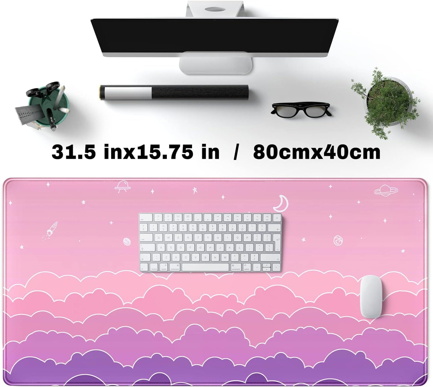 Kawaii Mouse Pad Desk Gaming Accessories Cute Clouds XXL Mouse Pad Pink Anime Office Decor Desk Mousepad Large, 31.5x15.7in Extended Keyboard Mousepad for Desk Girl with Stitched Edges Non-Slip