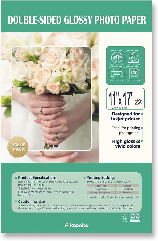 Double Sided Glossy Photo Paper 11x17, Thick Glossy Paper for Cardstock, 100 Sheets 61lb for Inkjet Printer