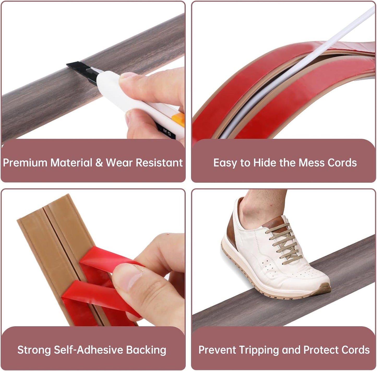 Floor Cord Cover Self Adhesive Cord Hider Floor Extension Cord Covers for Floor Power Cord Protector Cable Management Prevent Cable Trips Cable Cavity 0.32" W x 0.32" H (Brown Walnut Wood, 3.3Ft)