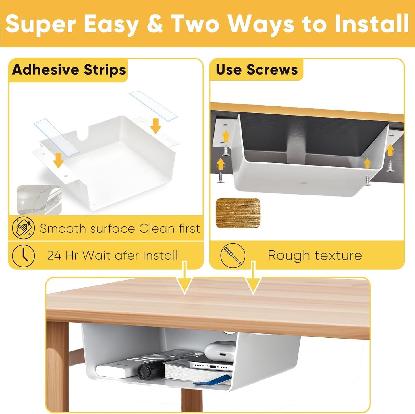 2 Pack Under Desk Hanging Shelf Drawer Organizer, Attachable Plastic Hidden Storage Tray, Easy Adhesive Mount Holder for Standing Tables, Office, Counters, Cabinets, Workstations - White