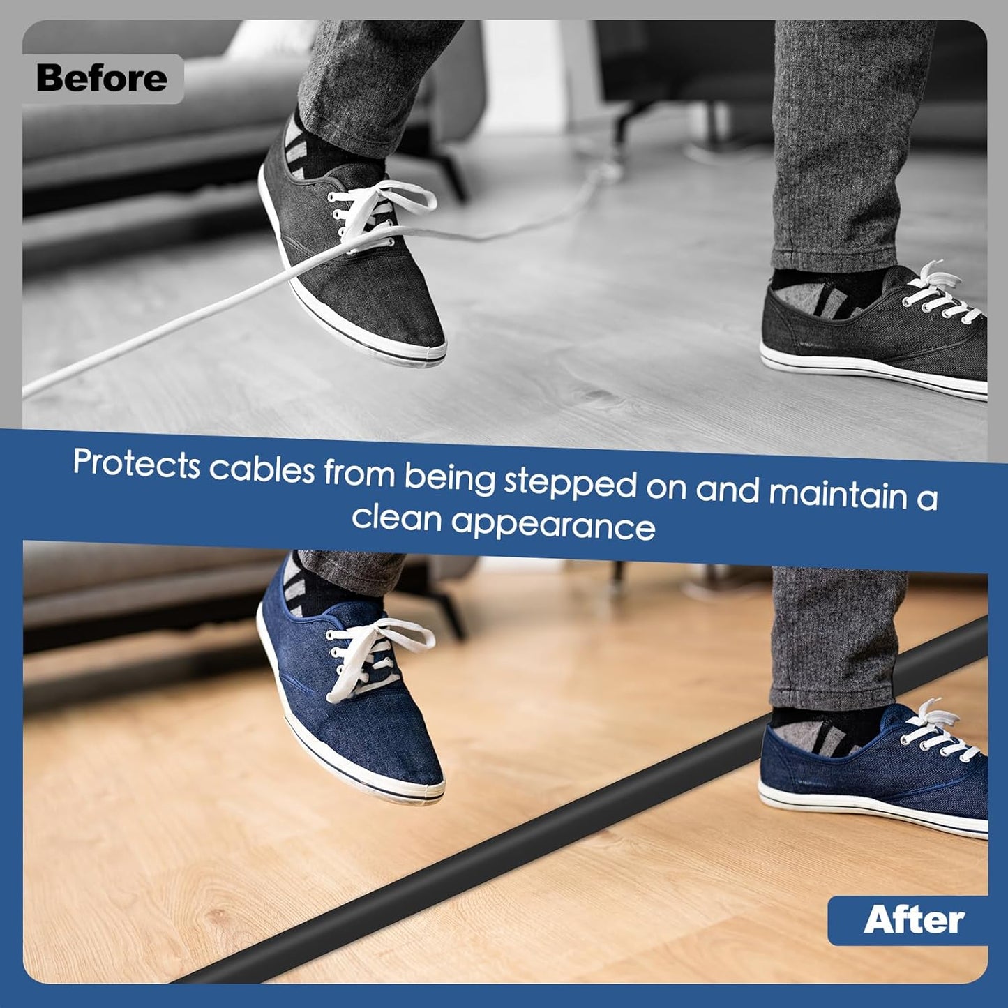 Floor Cord Cover for Wires on Floor Self Adhesive Cord Hider Floor Cable Management Wire Covers for Cords Protector Prevent Cable Trips Cord Cavity W 0.51" x H 0.31", Black, 3.3Ft