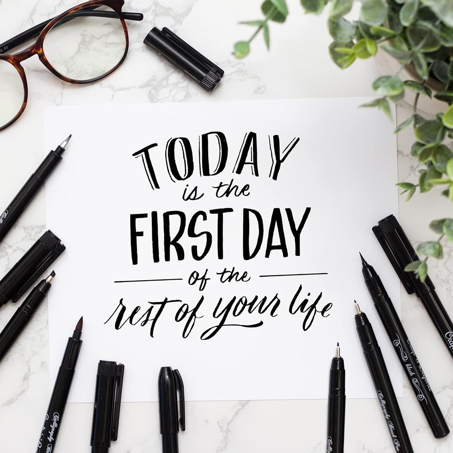 Craft 'n' Beyond Calligraphy Brush Pens Pack of 10 Markers for Hand Lettering, Art Drawing, Sketching, Scrapbooking, Journaling - Beginner Kit with Fadeproof Black Ink
