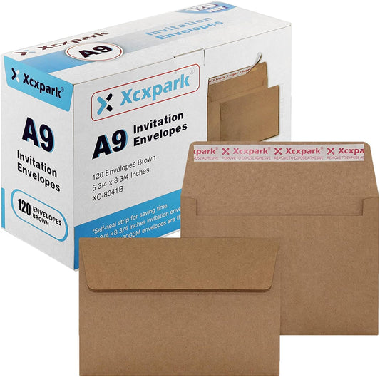 120 Qty A9 Invitation Envelopes 5.75x8.75, Self Seal 120GSM Brown Kraft Paper Envelopes for Invitations, Papers, Photos, Documents, Wedding, Baby Shower, Easy to Seal and Peel