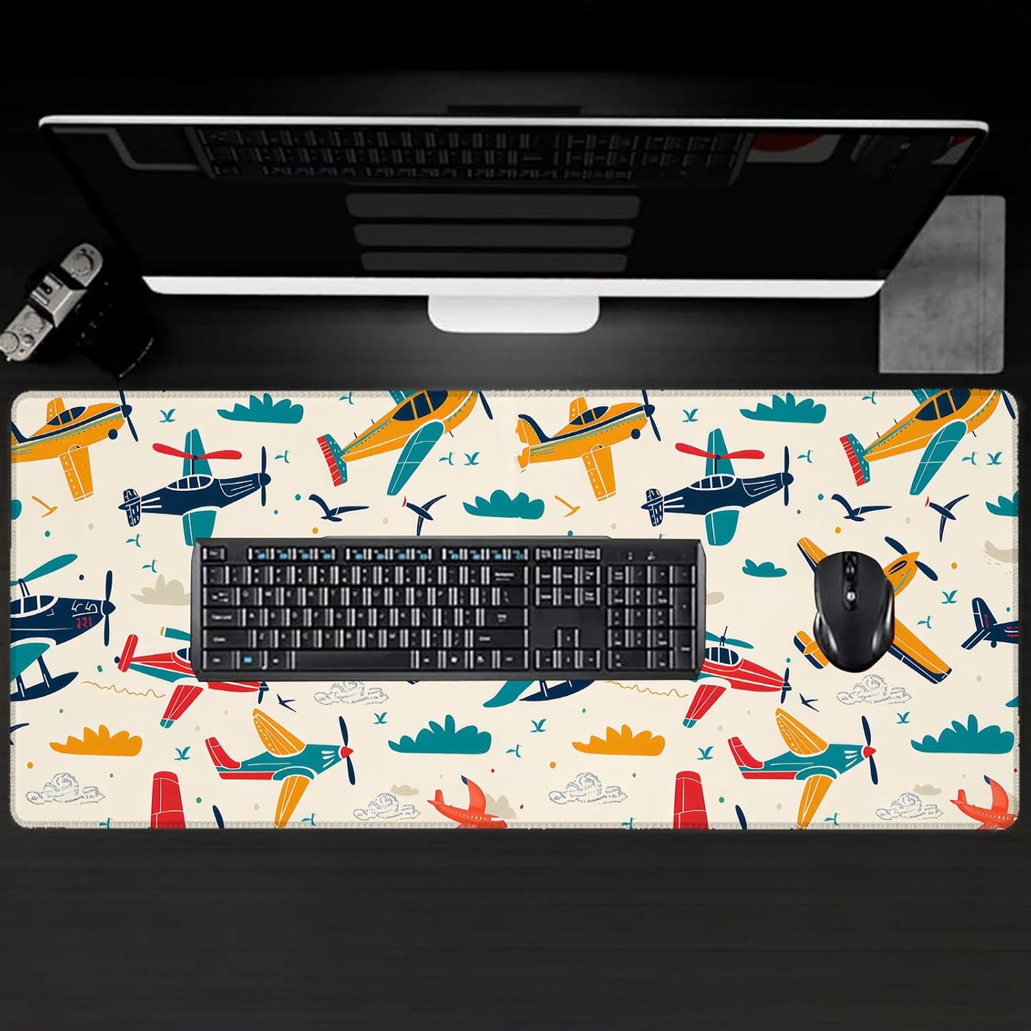 Airplane Large Gaming Desk Mat,Rubber Non-Slip Aviation Adventure Mouse Pad,31.5x11.8x0.12in Extended Colorful Plane Cloud Mousepad,Game Lover Mice Pads Gifts,Office Home Deskmat Decor