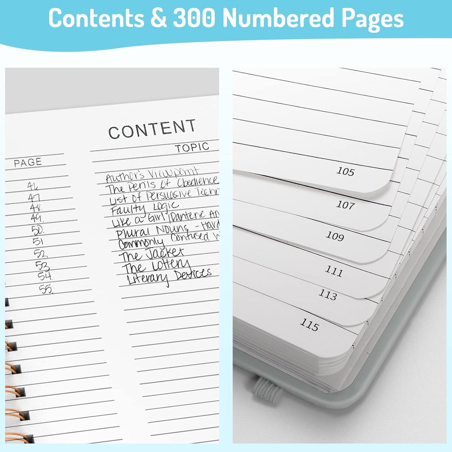 Forvencer A4 Lined Spiral Journal Notebook with 300 Numbered Pages,11" X 8.5" Thick Journals for Writing with 100GSM Paper, Hardcover Notebooks with Contents for Work, School, Grey